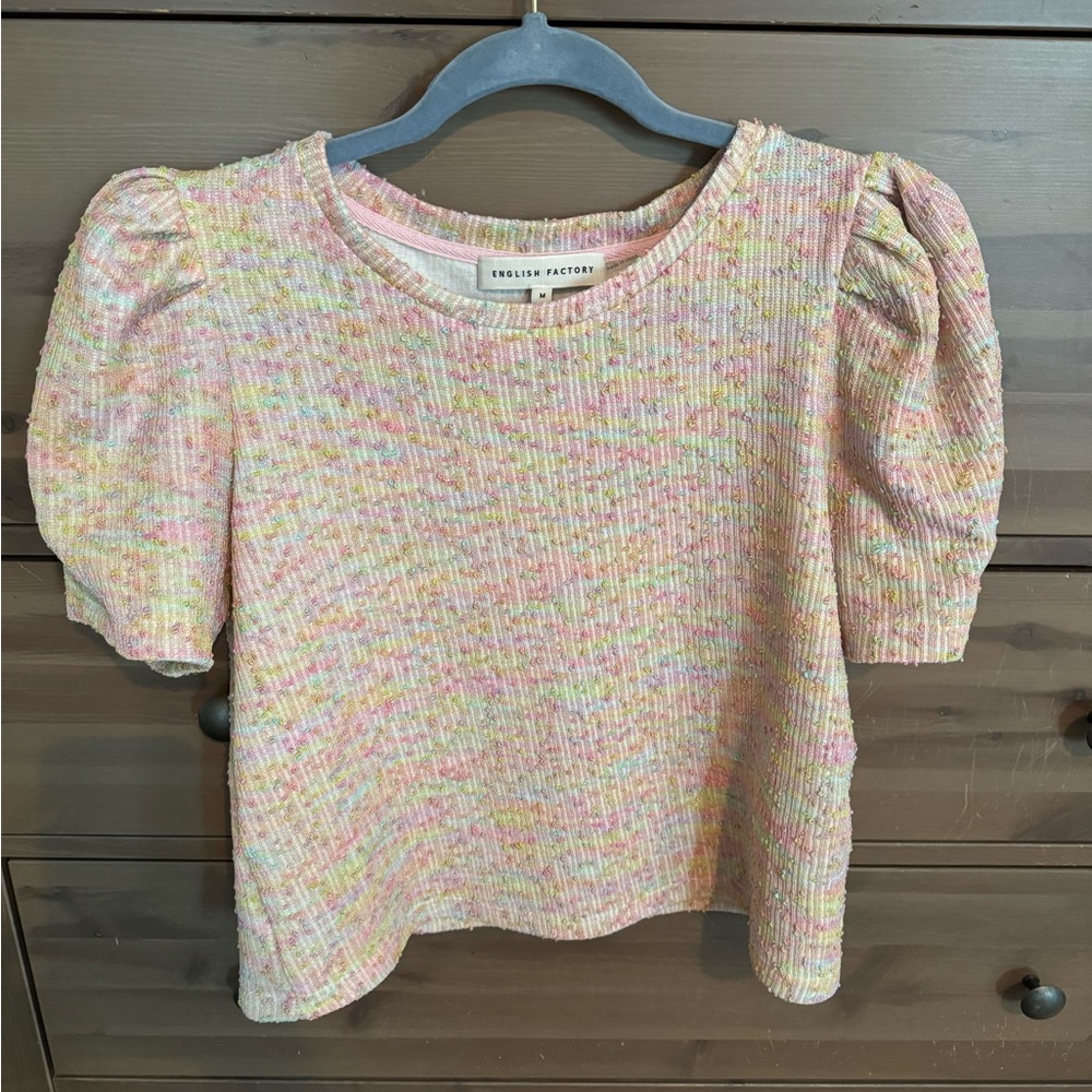 English Factory tweed top with puffed sleeves